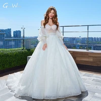 luxury puff sleeve lace wedding dress detachable sleeve ball bride gowns lace up back vestido de noiva 2021 princess bride to be