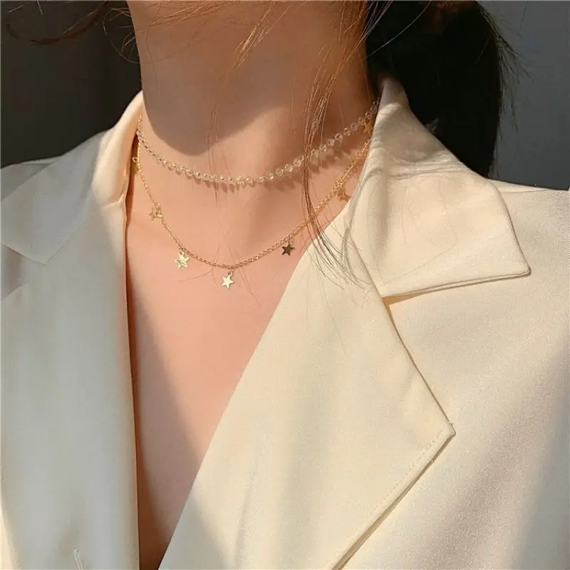 

Multilevel Star Moon Flower Letter Women's Pendant Necklace Fashion Female Pearl Choker Necklaces Ladies Pentagon-Star Jewelry