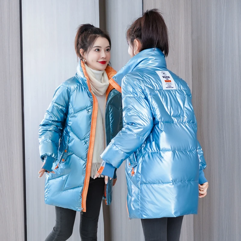 Блестящее хлопковое пальто женская длинная новая зимняя парка куртка модная