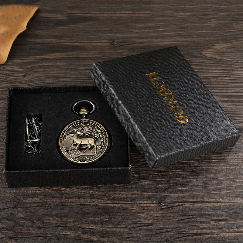 Deer Pattern Mechanical Pocket Watch Skeleton Vintage Antique Bronze Hollow Animal Engraved Male Fob Chain Clock for Men Women