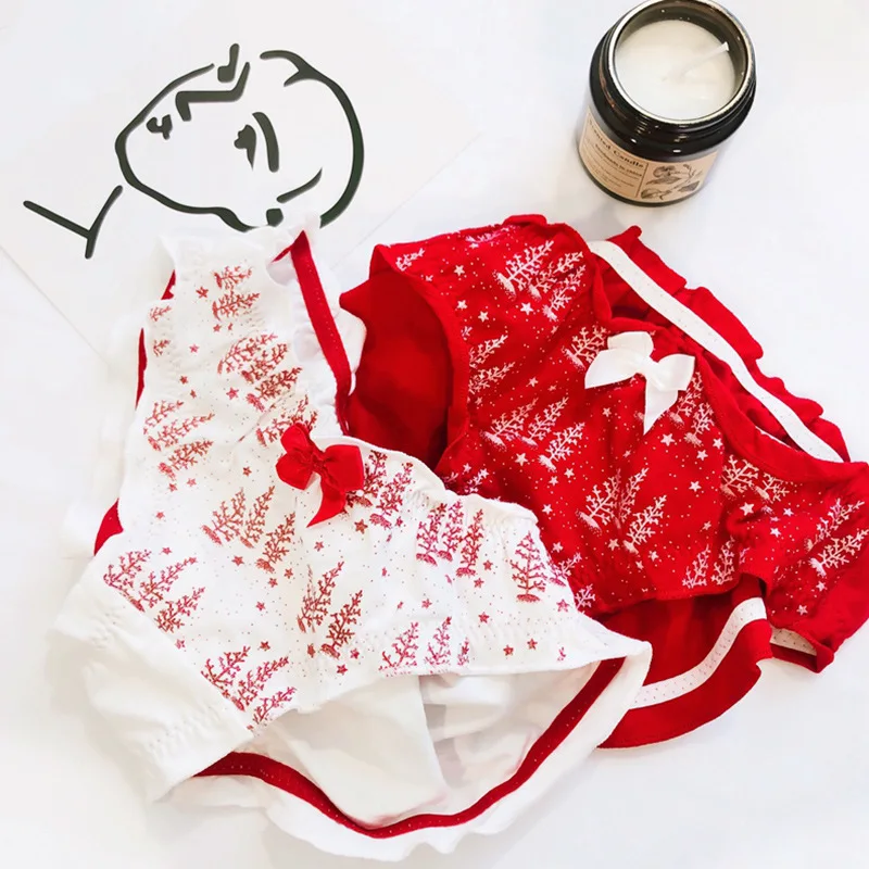 Женские трусики с милым новогодним рисунком и бантом милые спортивные хлопковые