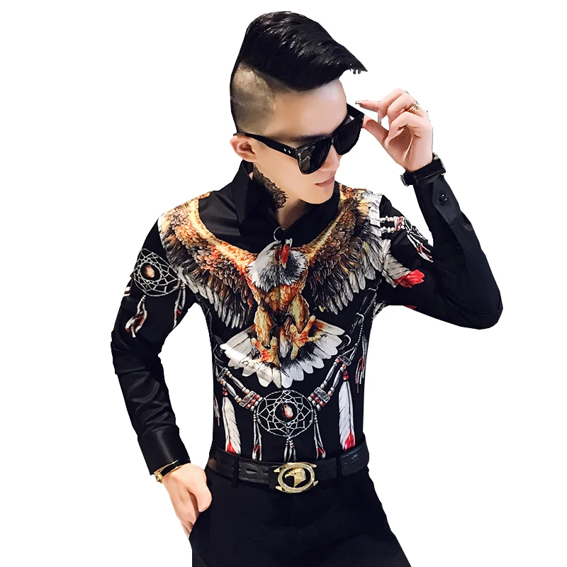 

2021 New Casual Eagle Printing Shirt Fashion Men's Street Clothing Men's Social Shirt Autumn Men's Slim Long-Sleeved Dress Shirt