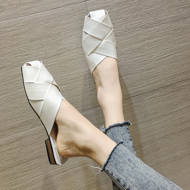 Женские летние вязаные кожаные шлепанцы SLHJC сандалии на низком квадратном