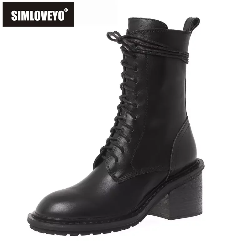 

SIMLOVEYO 2021 Ретро до середины икры классические британские Короткие Плюшевые на молнии со шнуровкой и круглым носком на блочном каблуке US8 9 чер...