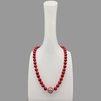 folisaunique 10mm red coral necklace for women antique silver red bead 18mm enamel ball casual choker jewelry gift 18 inch