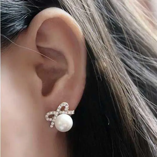Fashion Woman Lady Elegant White Pearl Bowtie Bowknot Rhinestone Stunning Studs Earrings For Wedding Party | Украшения и