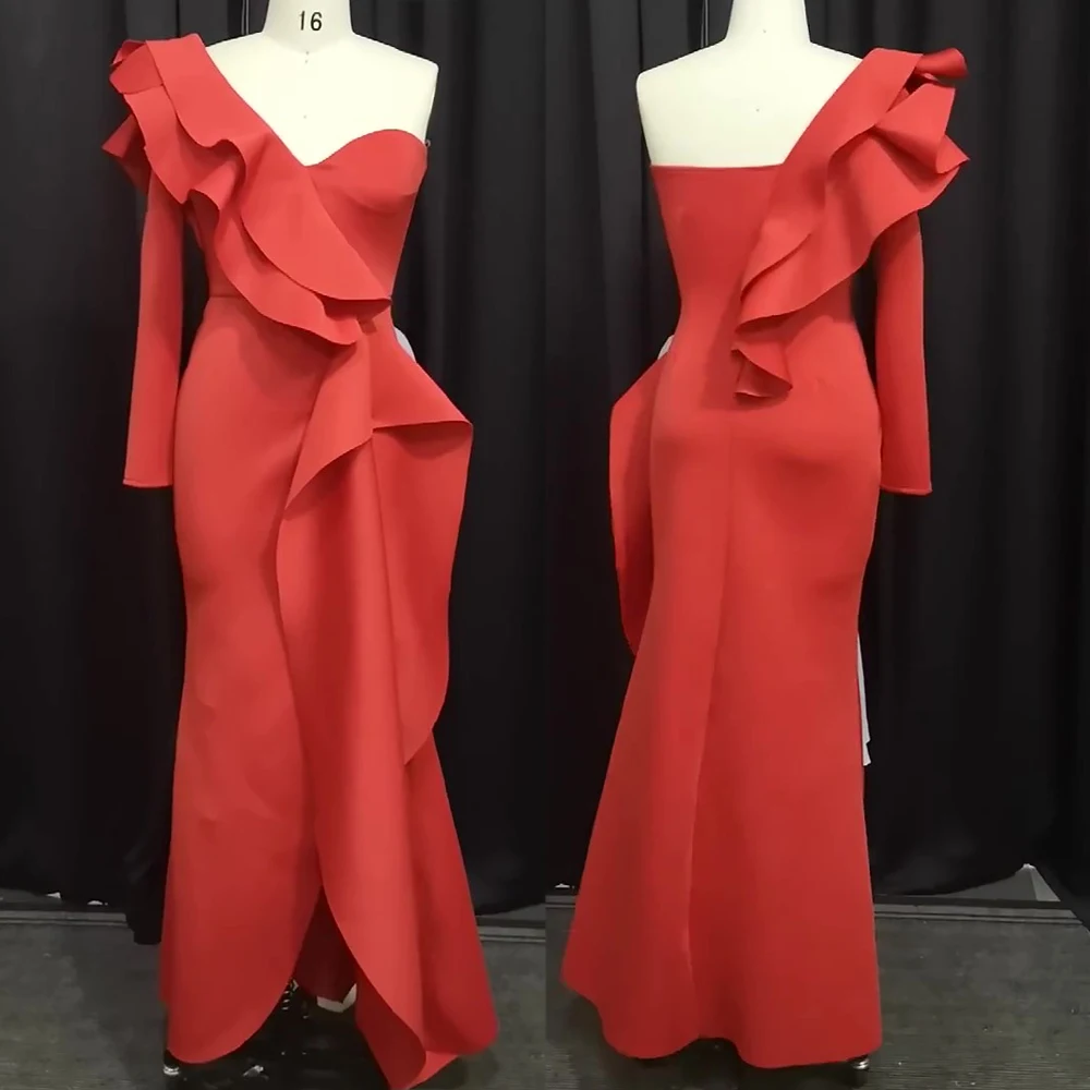 

Women Party Queen Mermaid Dress Dinner Gowns Sexy One Shoulder Red Ruffles Plus Size M-3XL Female Evening Long Dresses Maxi Chic