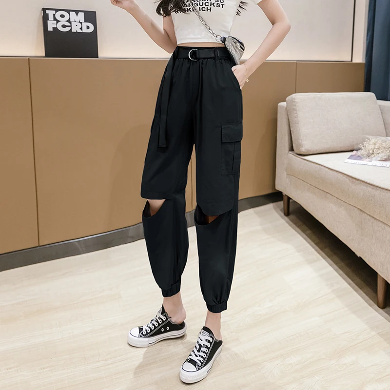 

Women Fashion Streetwear Cargo Pants Black Ankle Length Elastic Waist Joggers Female Loose Trousers Casual Plus Size Haren Pants