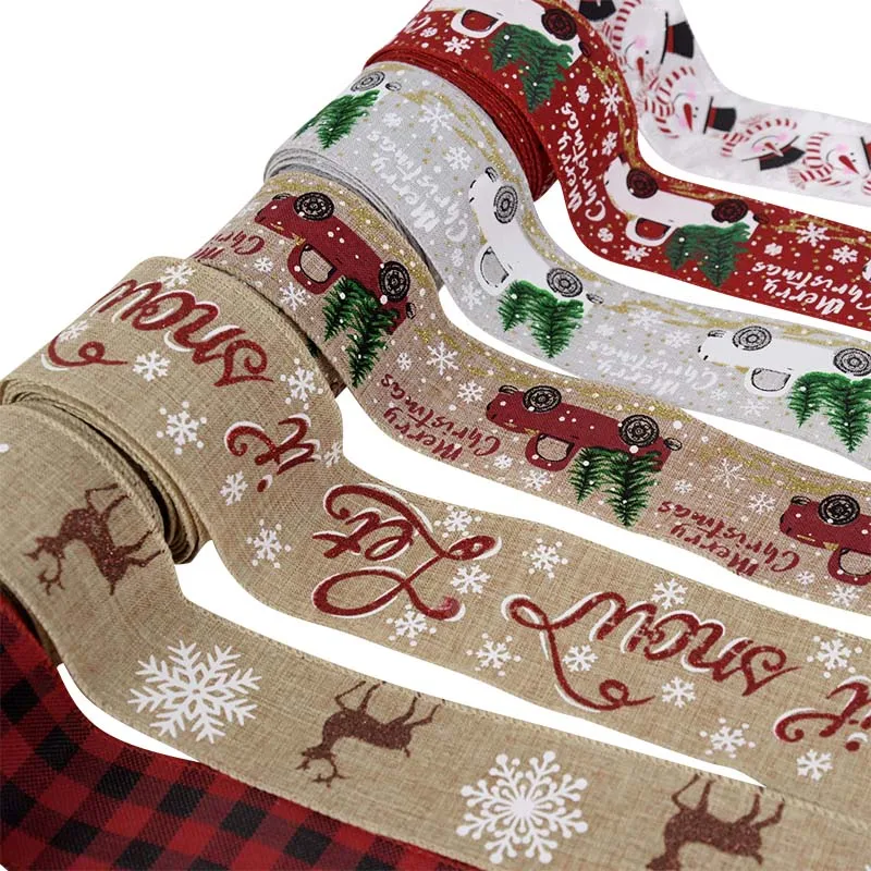 

5M/Roll Christmas Imitation Hemp Plaid Ribbon Merry Christmas Car Elk Snowman Printed Ribbon DIY Bow Craft Gift Packaging Decor