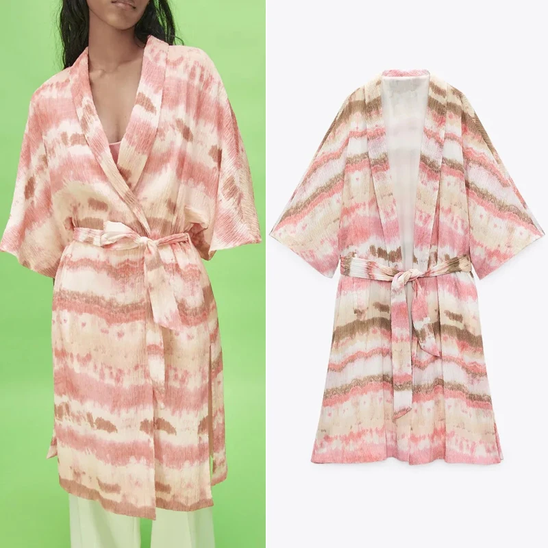 

Top Za 2021 Kimono Women Summer Tie Dye Long Woman Beach Kimono Vintage Japanese Tied Belt Streetwear Casual Blouse