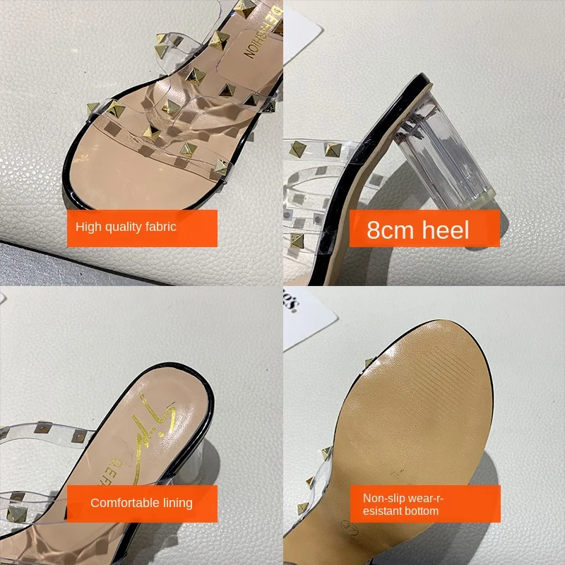 Высококачественные Вьетнамки с заклепками Женские шлепанцы на высоком каблуке