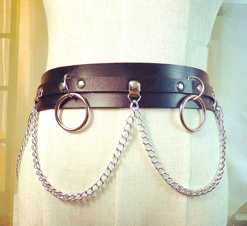 

2021 New Punk Gothic Faux Leather Belt Metal Chain Ring Waist Strap Street Dance Decor
