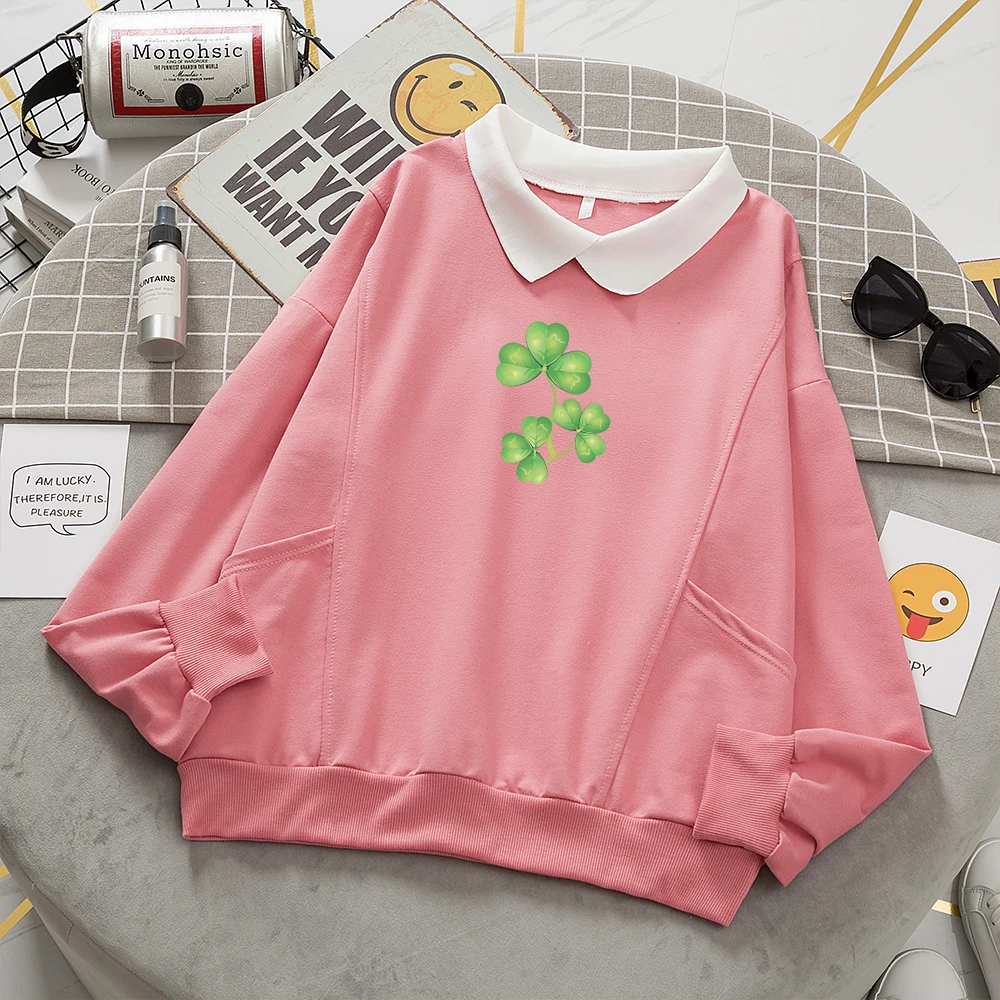 Cute for Friends Harajuku Hoodie Cotton Collar Autumn Sweatshirts Hoodies Women Plant Green Printed Sweetshirt St. Patrick's Day
