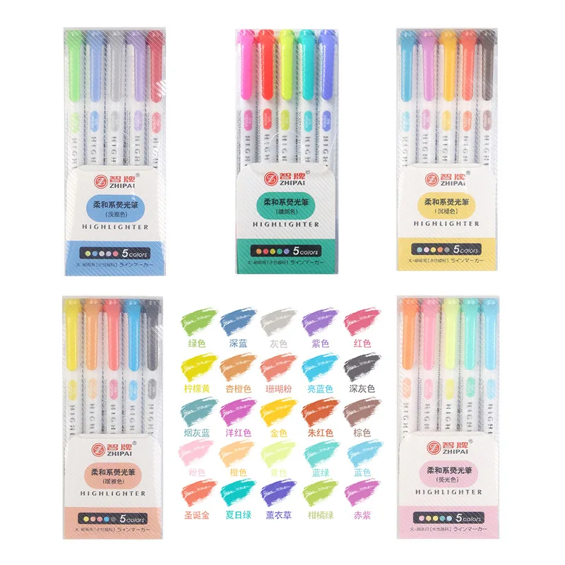 

5 Colors/box Double Headed Highlighter Pen Set Fluorescent Markers Highlighters Pens Art Marker Japanese Cute Kawaii Stationery