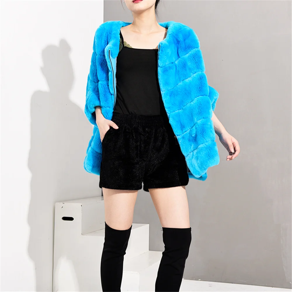 Женское пальто из натурального меха TOPFUR бирюзовое кролика Рекс зимняя шуба