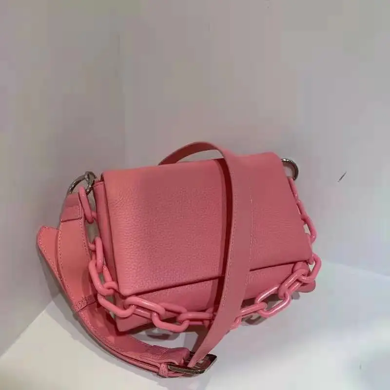 

Fashion Thick Chain Genuine Leather Crossbody Bag for Women 2021 Luxury Pink Color Shoulder Messenger Bag Lady Small Handbags