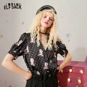 Женские атласные рубашки ELFSACK в белый горошек с графическим принтом, повседневный топ с пышными рукавами эльфа, корейские повседневные милые топы для девушек, лето 2020