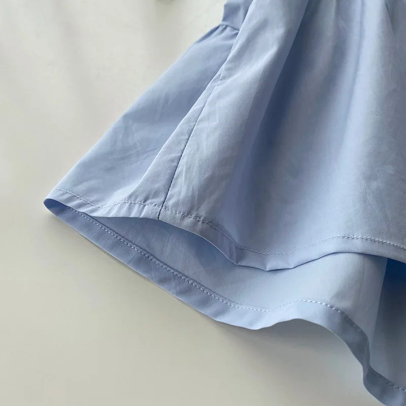 

2021 Summer Women Blouses and Shirt Vintage Elegant Stitching Cotton Korean Fashion Pleated V-Neck Buttons Short Sleeve Clothing