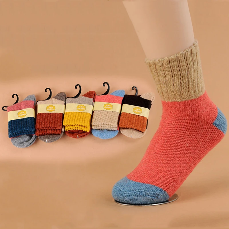 Женские зимние носки Meias теплые хлопковые вязаные в полоску синего коричневого