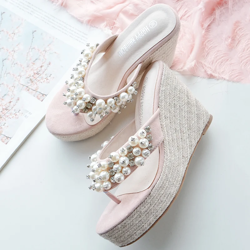 2019 г. женские Кристальные клинья сандалии ткацкие шлепанцы на высоком каблуке 11