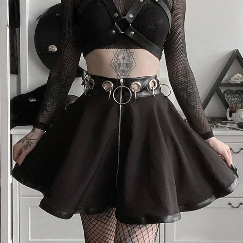 

Women Black Mini Skirts Gothic Punk Ring Zipper High Waist Female Streetwear Skirts Fashion Party A-line Skirt