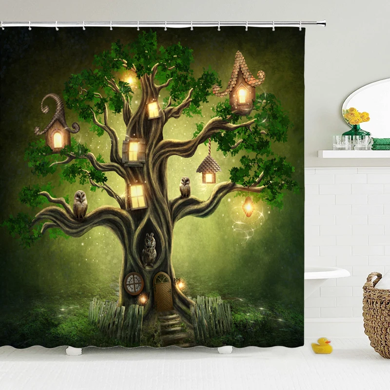 

Fairy Fantasy Shower Curtain Waterproof Bathroom Curtain Polyester Cartoon Dream Forest Bath Curtain Home Decoration with Hooks