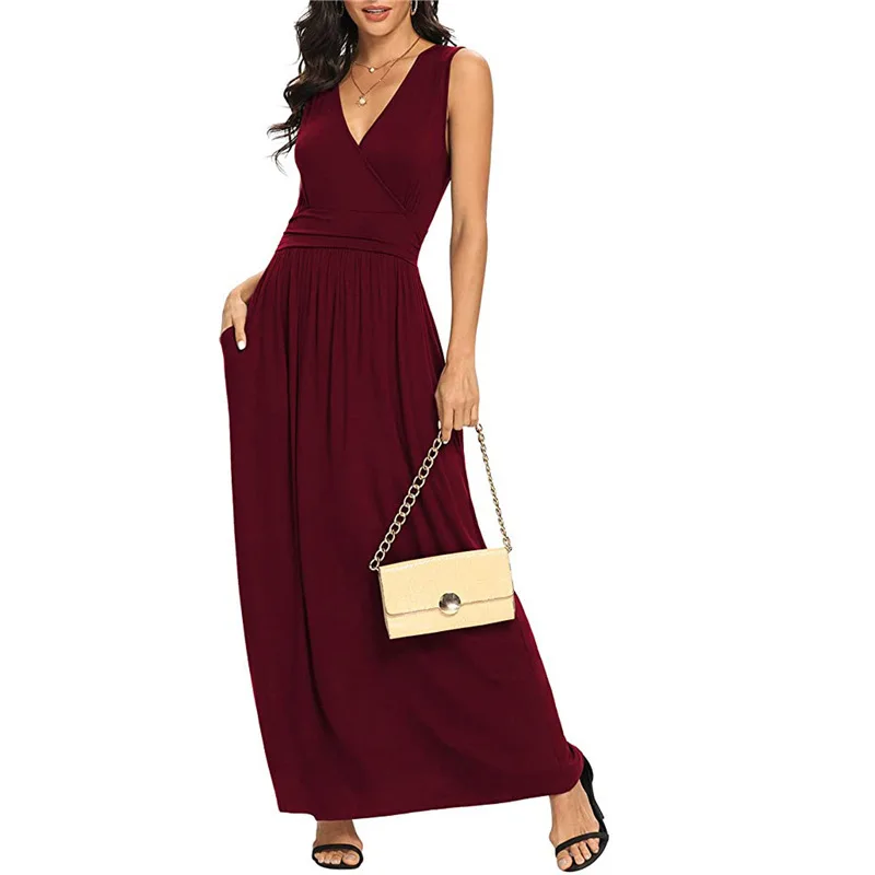 

Summer Solid Color Dresses For Office Lady Vestidos Female Robes Elegant Women Slim Maxi Dress Sexy V Neck Sleeveless Vest Dress