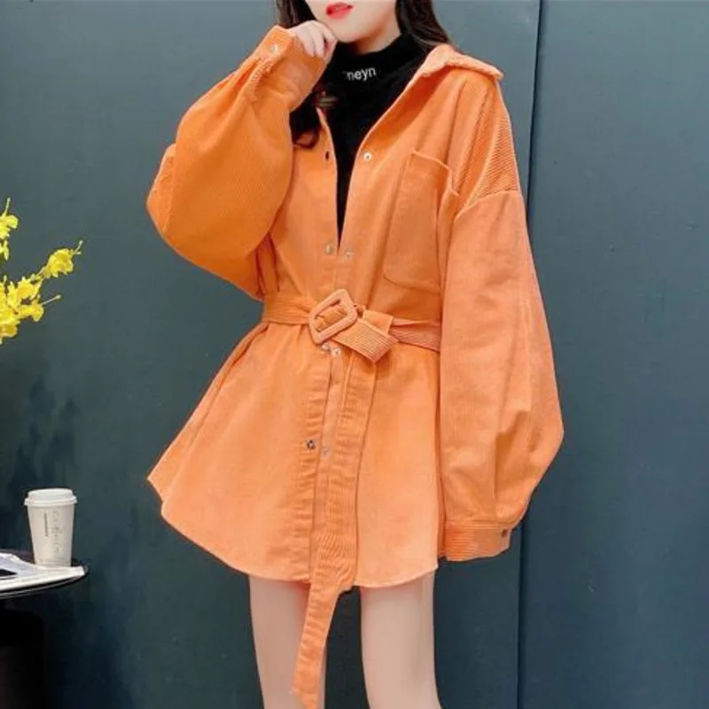

Long Sleeve Corduroy Shirt Blouse Women Solid Tops Blouses Shirts Ladies Top Casual Button Clothes With Belt Autumn Spring 2021