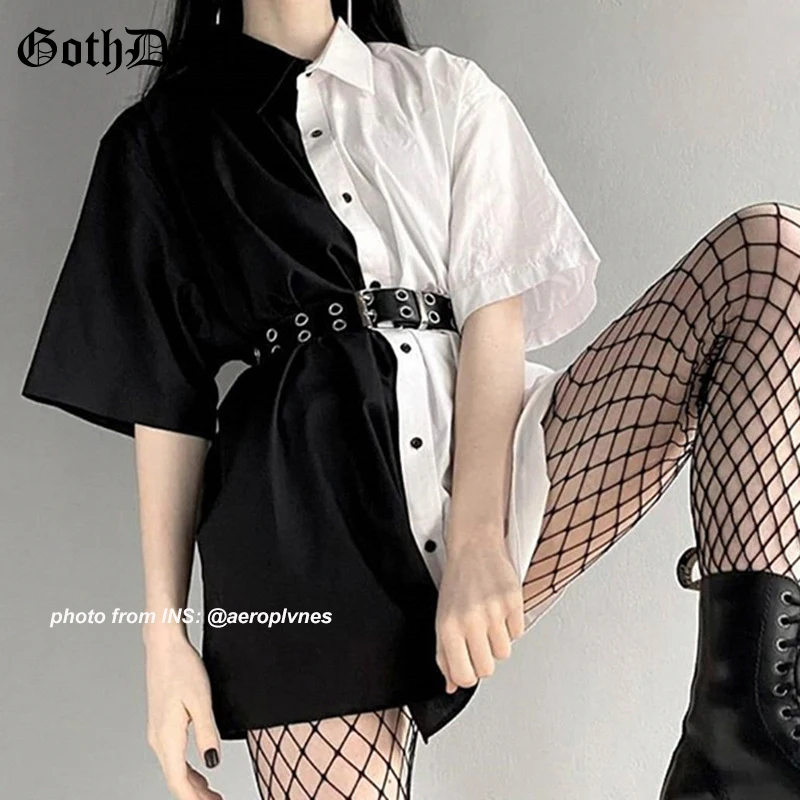 

Goth Dark Loose High Waist Mini Dress Patchwork Summer Fashion Gothic Women Dress Turn-Down Collar Casual Party Dresses 2021 90s