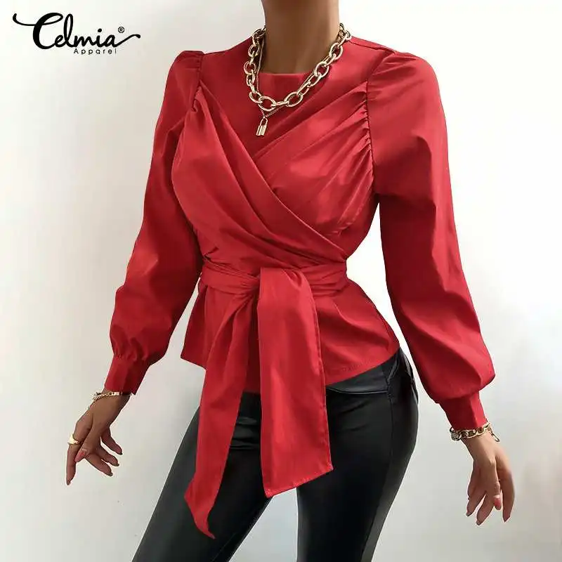 

Celmia 2021 Elegant OL Women's Satin Blouses Sexy Puff Sleeve Shirt Belted O-neck Slik Tops Spring Casual Work Blusas Femininas