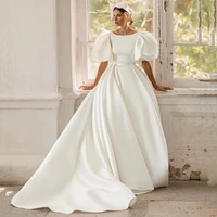ivory church satin wedding dress 2021 elegant short puff sleeve bride dress princess vintage wedding gowns scoop sweep train