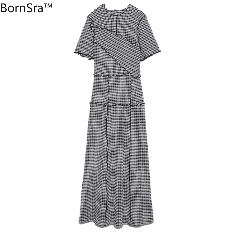 

Bornsra O Neck Short Sleeve Hign Waist Plaid Mid-Calf Vestidos 2021 Spring Summer Dress Japan Sweet Temperament Women's Robe