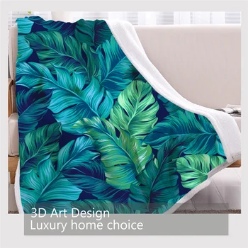 BlessLiving 3D Palm Leaves Throw Blanket Tropical Leaf Sherpa Blanket Turquoise Green Soft Fleece Blanket Plush Bedspreads Koce 3