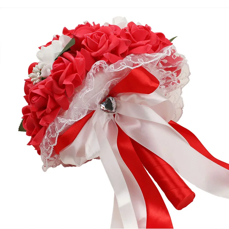 Пенопластовый Свадебный букет розы кружевные тычинки и листья шелковая лента