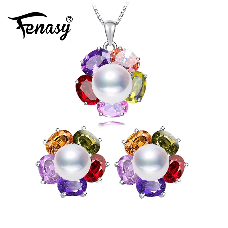 

FENASY 925 Sterling Silver Pearl Jewelry Sets Natural Pearl Stud Earrings For Women Romantic Colorful Flower Pendant Necklace