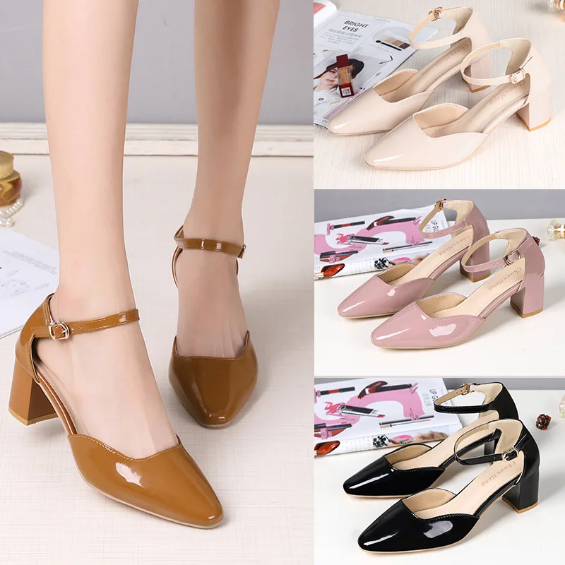 Туфли лодочки женские на толстом каблуке 5 см ремешок щиколотке квадратный носок