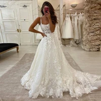 lace appliques long wedding dresses spaghetti straps square neck boho country wedding bride gown open back white ivory custom