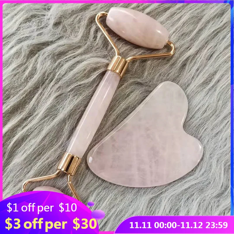 

Natural Facial Massager Face Roller Gua Sha Scraper Double Heads Jade Stone Roller Skin Care Rose Quartz Massage for Face Body