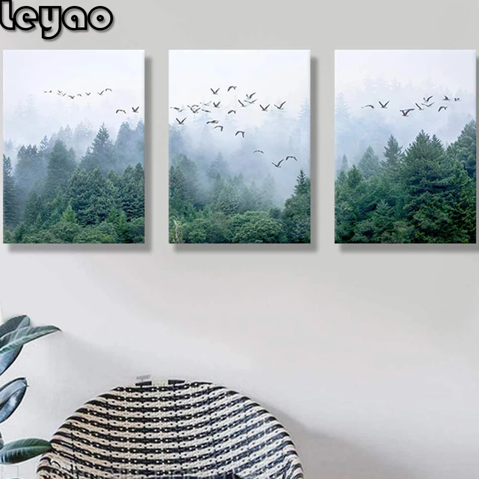 

Forest Fog Landscape diamond painting full drill square round diamond embroidery 3pcs set home decoration 2020 gift,Triptych,