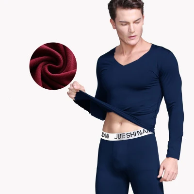 Тёмно-синий 4XLPlus Size Seamless Thermal Underwear For Men Thin Fleece Thermo Clothes V-Neck Slim Warm Second Skin Male Winter Long Johns - Цвет: Тёмно-синий