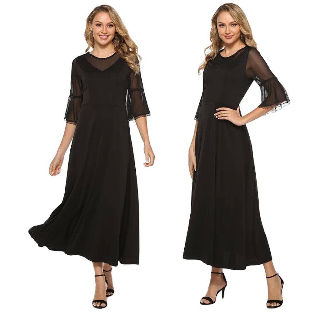 Винтажное женское Сетчатое платье в стиле пэчворк длинное черное с