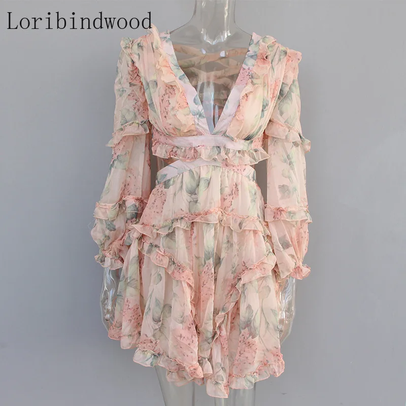 

Print Dress Female Chiffon V Neck Hollow Out Lantern Sleeve High Waist Mini Dresses Summer Fashion Sweet New Beach summer dress