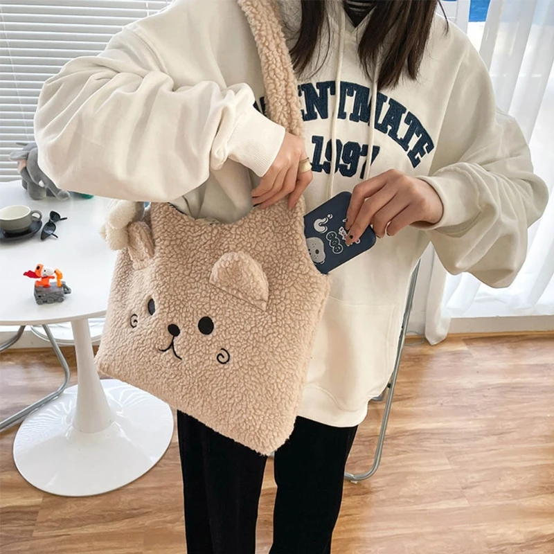 

New Winter Soft Plush Tote Bag Women Cartoon Embroidery Shoulder Large Capacity Shopping Bag
