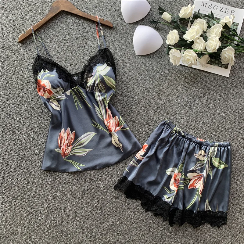 

SR067 Floral Faux Silk Sexy Lingerie Home Clothes Satin Sleepwear Women's Pajama Set Paded Nightwear Female Cami Top and Shorts