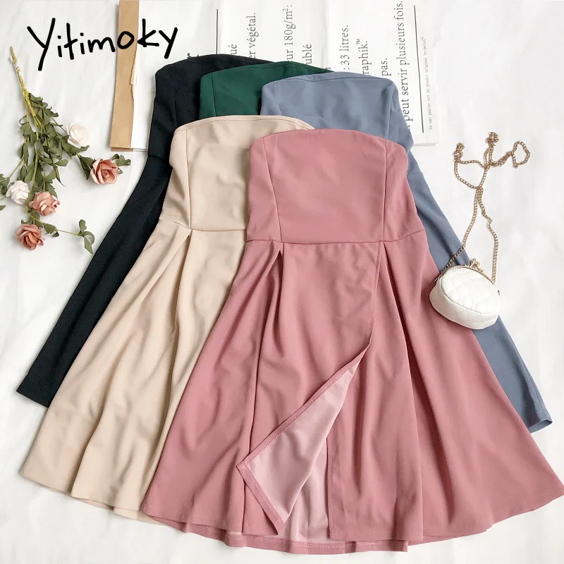 

Сексуальные вечерние платья Yitimoky с разрезом для женщин на лето 2021 элегантное Новое корейское модное платье без бретелек с открытыми плечам...