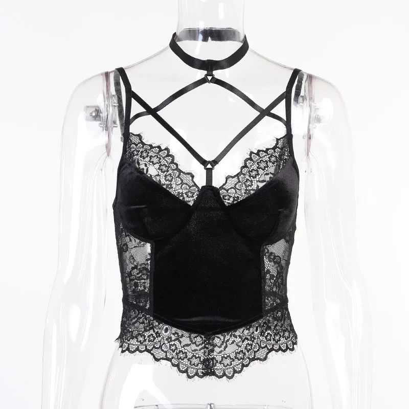 

Helisopus Goth Sexy Lace Camis Vintage Velvet Bandage Halter Crop Tops Summer Black Grunge Sleeveless Camisole Club Party Wear