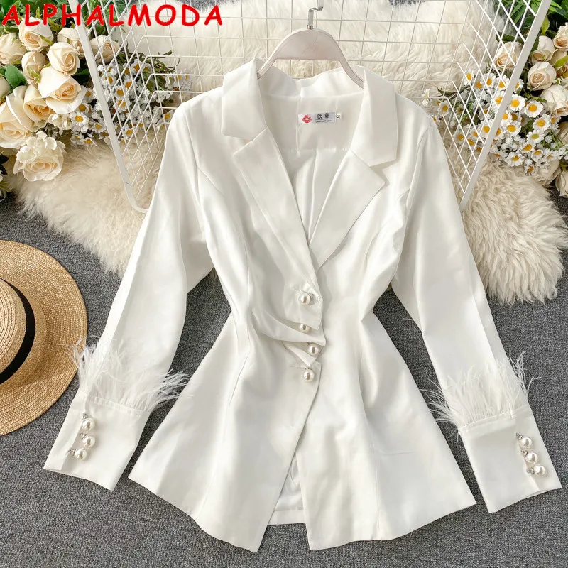 ALPHALMODA женский модный блейзер с перьевым рукавом плиссированный жемчужный