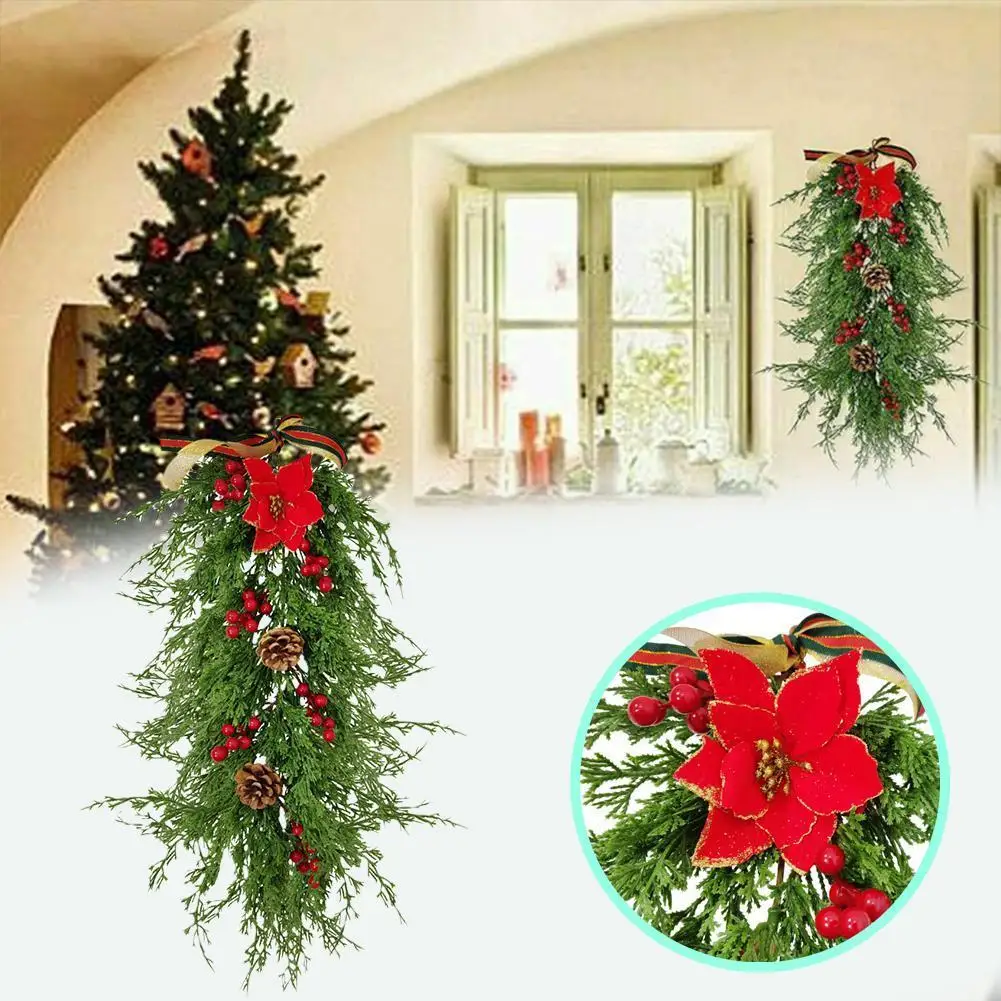 

60CM Christmas Tree Hanging Upside Down Door Decoration Home Party Wedding Garland Christmas Flowers Window Deco Craft New Year
