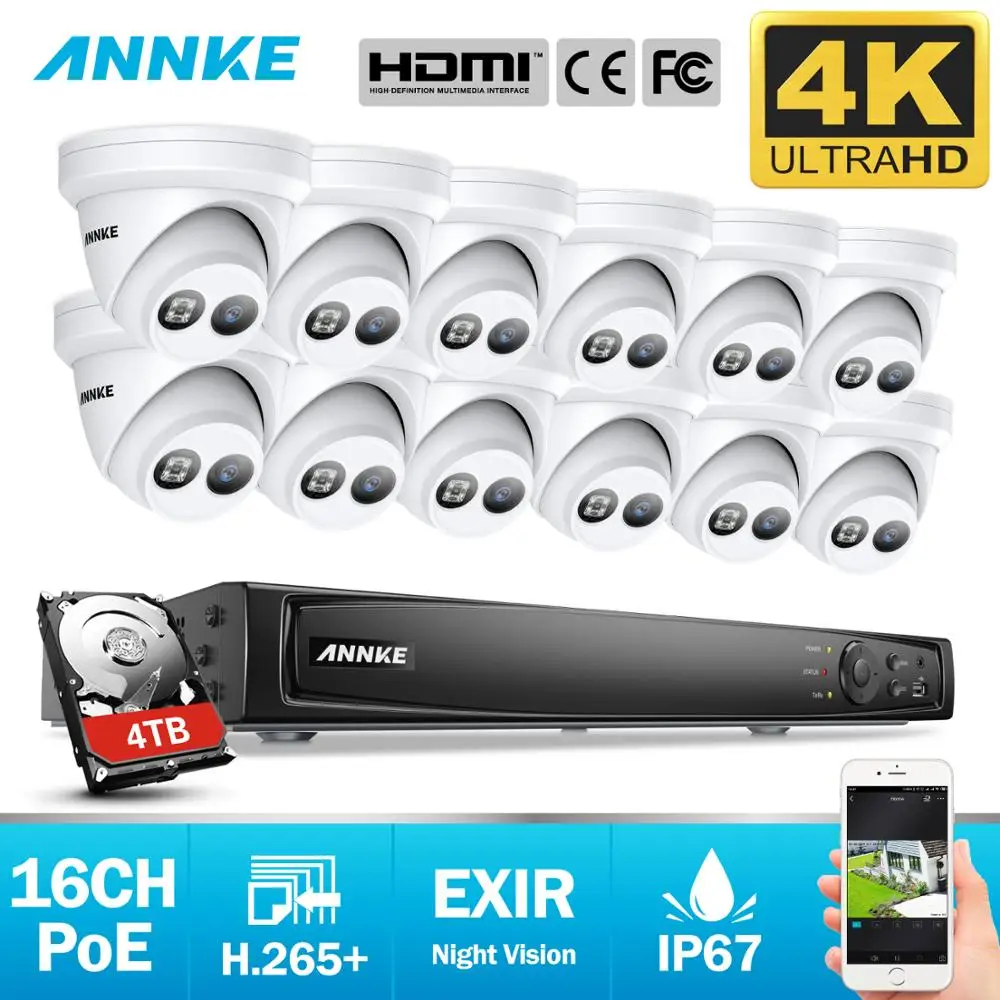 ANNKE 16CH сверхвысокой четкости 4K Ultra HD POE сетевой видеорегистратор безопасности Системы 8MP H.265 NVR, украшенное мозаикой из драгоценных камней, 12X8 Мп возможностью погружения на глубину до 30 м EXIR Ночное видение всепогодный IP Камера