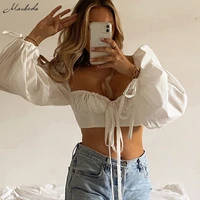 macheda fashion autumn white crop tops women sexy lace up long sleeve v neck top ladies street casual solid clothing 2020 new